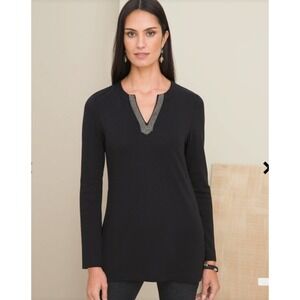 Chico's Embellished Neck Black‎ Tunic Top Blouse Long Sleeve Women's Size 0 S